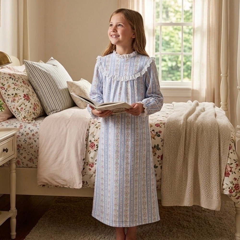 Lanz of Salzburg Girls Blue Pink Floral Stripe Flannel Nightgown Lace Size M 7/8